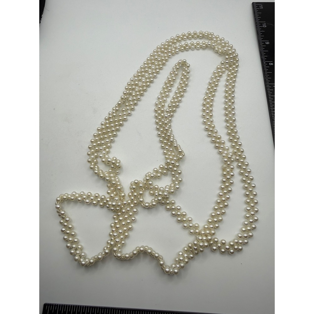 Vintage Faux Pearl Necklace Long Strand Woven Cream White Opera Length 48in
